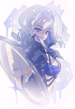 1girl black_feathers black_jacket blue_bra bra commentary_request cropped_jacket cropped_torso different_reflection feathers from_side galbrena_(wuthering_waves) grey_hair hair_between_eyes highres jacket looking_at_viewer looking_to_the_side medium_hair purple_eyes reflection shuiyuan solo underwear wuthering_waves