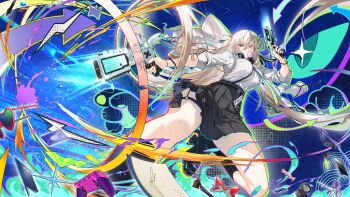 Rule 34 | 1girl, aiming, akagitsu n3, black skirt, blonde hair, blowing bubble gum, breasts, chewing gum, colorful background, commentary, dual wielding, green necktie, hair between eyes, headphones, headphones around neck, highres, holding, id card, jacket, long hair, lynae (wuthering waves), medium breasts, necktie, shirt, skirt, solo, weapon, white jacket, white shirt, wuthering waves