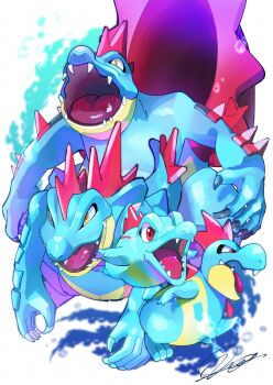 blue_claws blue_skin claws colored_skin commentary_request crocodilian croconaw evolutionary_line fangs feraligatr gen_2_pokemon highres mega_feraligatr mega_pokemon nintendo no_humans open_mouth pokemon pokemon_(creature) pokemon_focus qua red_eyes sharp_teeth spikes tail teeth totodile water yellow_eyes