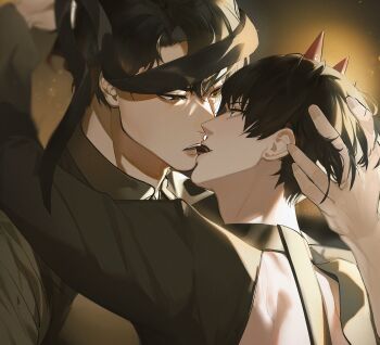 2boys absurdres back_cutout black_shirt blindfold blindfold_slip clothing_cutout collared_shirt demon_horns hand_on_another&#039;s_head highres horns kim_dokja kyou_tayaoi male_focus multiple_boys noses_touching omniscient_reader&#039;s_viewpoint sharing_food shirt sidelighting upper_body yaoi yoo_joonghyuk