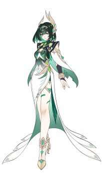 1girl absurdres adapted_costume black_hair bracelet breasts cape chinese_commentary closed_mouth colored_inner_hair commentary_request dress earrings facepaint full_body genshin_impact green_eyes green_hair grey_hair hair_between_eyes hair_ornament high_heels highres jewelry looking_at_viewer mole mole_under_eye multicolored_hair nefer_(genshin_impact) short_hair simple_background sisan_eryi solo standing symbol-shaped_pupils tattoo triangle-shaped_pupils white_background white_dress