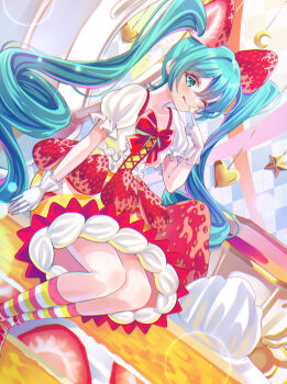 1girl aqua_eyes aqua_hair commentary_request curtsey_cc dress food-themed_hair_ornament frilled_dress frills gloves hair_between_eyes hair_ornament hatsune_miku highres kneehighs long_hair one_eye_closed puff puffy_short_sleeves puffy_sleeves red_dress red_socks short_sleeves smile socks strawberry_hair_ornament twintails very_long_hair vocaloid white_gloves