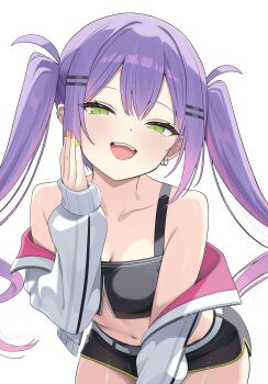 1girl :d absurdres belt black_shorts black_tank_top breasts cleavage colored_inner_hair commentary_request crop_top cropped_jacket demon_girl demon_tail double-parted_bangs earclip earrings green_eyes green_nails hair_between_eyes hair_ornament hairclip hand_up highres hololive jacket jewelry leaning_forward long_hair long_sleeves looking_at_viewer medium_breasts multicolored_hair nail_polish navel nekonosuke off_shoulder open_mouth paid_reward_available parallel_hairclips pink_hair pink_nails pointy_ears purple_hair short_shorts shorts smile solo spiked_ear_piercing stomach tail tank_top teeth tokoyami_towa tokoyami_towa_(1st_costume) twintails upper_teeth_only virtual_youtuber white_belt white_jacket