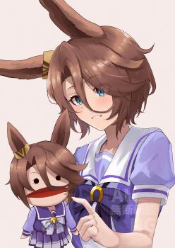 1girl absurdres animal_ears blue_eyes blush bow bowtie brown_hair ear_ornament hair_between_eyes hand_puppet highres horse_ears horse_girl long_sleeves narita_taishin_(umamusume) nida_keita open_mouth puffy_short_sleeves puffy_sleeves puppet purple_bow purple_bowtie purple_sailor_collar purple_serafuku purple_shirt purple_skirt sailor_collar sailor_shirt school_uniform serafuku shirt short_hair short_sleeves simple_background skirt smile solo tracen_school_uniform umamusume upper_body white_bow white_bowtie white_sailor_collar