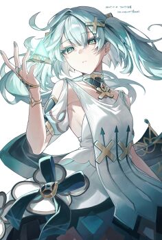 1girl aqua_hair aqua_nails character_name coppepan dated dress faruzan_(genshin_impact) genshin_impact glowing highres long_hair pyramid_(geometry) symbol-shaped_pupils triangle-shaped_pupils twintails white_background white_dress