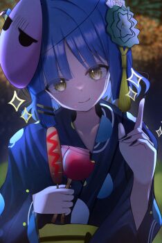1girl alternate_costume blue_hair blunt_bangs blush bocchi_the_rock! candy_apple collarbone corn_dog crumbs food gotoh_hitori gotoh_hitori_(tsuchinoko) hair_ornament hairclip head_tilt highres holding holding_candy_apple holding_food index_finger_raised japanese_clothes kimono long_sleeves looking_at_viewer mask mask_on_head parallel_hairclips poeme short_hair smile solo sparkling_eyes wide_sleeves yamada_ryo yellow_eyes