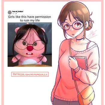 1girl bag bra_strap breasts brown_eyes brown_hair commentary english_commentary english_text glasses hair_bun handbag highres holding holding_notebook large_breasts mimundoalex notebook original personification pink_sweater round_teeth signature single_hair_bun solo sweater teeth upper_body watermark web_address