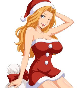 1girl b_eaka bare_shoulders bleach blonde_hair blue_eyes breasts christmas cleavage collarbone hat large_breasts long_hair looking_at_viewer matsumoto_rangiku one_eye_closed santa_hat smile solo