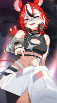 1girl absurdres animal animal_ear_fluff animal_ear_piercing animal_ears animal_on_shoulder aotake_iro armband asymmetrical_clothes bare_shoulders biting_own_tongue black_streaks blue_eyes blush bracelet breasts chromatic_aberration cleavage cleavage_cutout clothing_cutout commentary crossed_legs double-parted_bangs earrings fade_(haircut) fishnets from_below hair_ornament hakos_baelz hakos_baelz_(recolor) half-closed_eyes highres hololive hololive_english jewelry medium_breasts medium_hair midriff mouse_ears mouse_tail mr._squeaks_(hakos_baelz) multicolored_hair navel pants pointing pointing_down red_hair screen sharp_teeth single_fishnet_legwear single_pantsleg sitting spiked_bracelet spikes streaked_hair tail teeth tongue tongue_out virtual_youtuber white_pants white_streaks