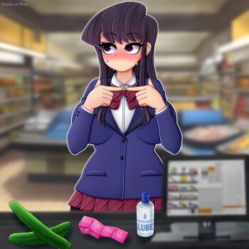 1girl absurdres black_eyes black_hair blazer blurry blurry_background blush bowtie collared_shirt condom_packet_strip condom_wrapper cucumber depthsofmind diagonal-striped_bow diagonal-striped_clothes diagonal-striped_skirt embarrassed female_focus highres index_fingers_together indoors jacket komi-san_wa_komyushou_desu komi_shouko long_hair looking_to_the_side lube no_mouth outline red_bow red_bowtie red_skirt school_uniform shirt shop skirt solo striped_bow sweat white_outline white_shirt