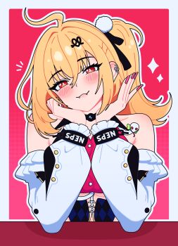 Rule 34 | 1girl, absurdres, ahoge, bare shoulders, blonde hair, blush, border, breasts, chalky (zenless zone zero), cissia (zenless zone zero), closed mouth, commentary, detached sleeves, fangs, grey border, hair between eyes, hair ornament, hairclip, head rest, head tilt, highres, loblob art, long hair, looking at viewer, magikflaan, medium breasts, metal wrist cuffs, notice lines, outline, pink nails, pom pom (clothes), pom pom hair ornament, red background, red eyes, smile, snake, snake girl, sparkle, underboob, upper body, white outline, white snake, zenless zone zero