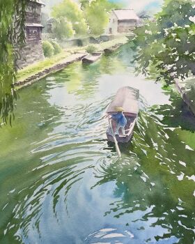 Rule 34 | 1other, ambiguous gender, boat, building, canal, commentary request, day, echowater, highres, original, outdoors, painting (medium), real world location, ripples, rowing, scenery, standing, traditional media, tree, water, watercolor (medium), watercraft, wide shot
