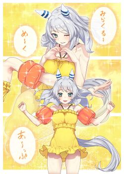 1girl animal_ears bare_shoulders blush breasts brown_eyes casual_one-piece_swimsuit collarbone commentary_request ear_covers grey_hair heart heart_hands highres hishi_miracle_(umamusume) horse_ears horse_girl horse_tail inflatable_armbands looking_at_viewer medium_breasts medium_hair nabe_puyo one-piece_swimsuit one_eye_closed open_mouth smile speech_bubble swimsuit tail umamusume yellow_one-piece_swimsuit