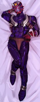 Rule 34 | 1boy, 2018, abs, arm behind head, armor, bad id, bad pixiv id, bad tumblr id, bed sheet, dakimakura (medium), gloves, helloheartla, helmet, horns, kamen rider, kamen rider hibiki, kamen rider hibiki (series), knee up, leather, loincloth, male focus, mask, masked, masked male, muscular, muscular male, on bed, oni, pectorals, purple armor, red gloves, spikes, strap slip