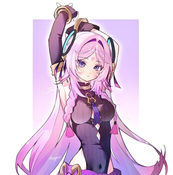 1girl arms_up asymmetrical_gloves blue_eyes bracelet braid breasts citlali_(genshin_impact) clothing_cutout facial_mark floating_headgear forehead_mark genshin_impact gloves gradient_hair hair_intakes hashtag-only_commentary headgear highleg highleg_leotard jewelry leotard long_hair looking_at_viewer medium_breasts meoyami multicolored_hair parted_bangs pink_hair pink_pupils solo triangle triangle_facial_mark twin_braids upper_body