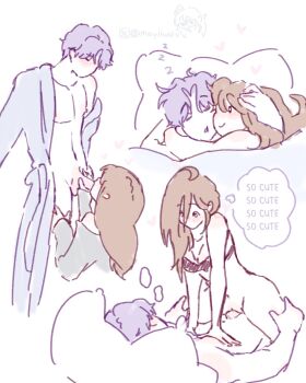 commentary cuddling english_commentary fellatio girl_on_top heart heart-shaped_pupils highres oral symbol-shaped_pupils