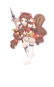 Rule 34 | 1girl, animal ears, bandana, bare shoulders, bell, belt, bracelet, brown hair, drop shadow, food, frilled thigh strap, full body, gold bracelet, grey shorts, grin, hair ornament, hair scrunchie, hand up, holding, holding food, holding polearm, holding weapon, jewelry, jingle bell, long hair, looking at viewer, low twintails, nut (food), official art, polearm, princess connect!, puffy shorts, purple eyes, red bandana, red scrunchie, red shirt, rin (princess connect!), scrunchie, shirt, shorts, simple background, sleeveless, sleeveless shirt, smile, solo, squirrel ears, squirrel girl, squirrel tail, standing, tachi-e, tail, teeth, thigh strap, thighhighs, transparent background, twintails, v-shaped eyebrows, very long hair, weapon, white thighhighs