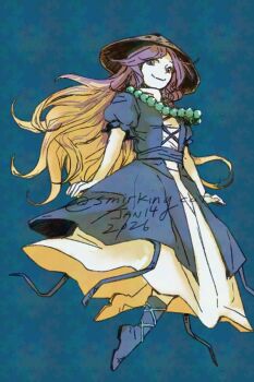 Rule 34 | 1girl, ajirogasa, antinomy of common flowers, asymmetrical footwear, bead necklace, beads, bilingual commentary, black dress, blonde hair, blue background, blue boots, blue ribbon, boots, closed mouth, commentary, conical hat, cross-laced clothes, cross-laced dress, dated, dress, english commentary, floating, floating hair, floating neckwear, footwear ribbon, from below, gradient hair, hat, highres, hijiri byakuren, jewelry, layered dress, long hair, looking at viewer, mismatched footwear, mixed-language commentary, multicolored hair, necklace, parted bangs, puffy short sleeves, puffy sleeves, purple hair, ribbon, short sleeves, simple background, smile, smirkingcat, solo, split mouth, straw hat, touhou, twitter username, white dress, yellow boots