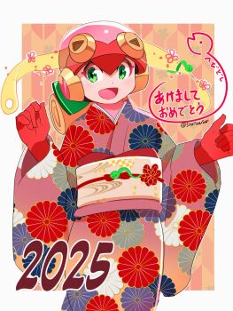 1girl 2025 3suisousui blonde_hair border chinese_zodiac cowboy_shot green_eyes helmet highres japanese_clothes kimono long_hair mega_man_(series) mega_man_battle_network_(series) netnavi new_year pink_helmet pink_kimono roll.exe_(mega_man) solo white_border year_of_the_snake