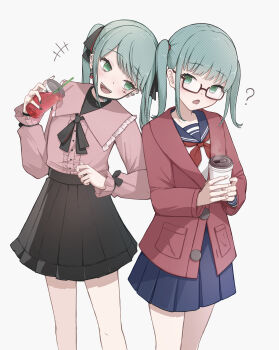 +++ 2girls ? absurdres aqua_hair bandaid bandaid_on_neck barbell_piercing black-framed_eyewear black_nails black_ribbon black_skirt blue_eyes blue_sailor_collar blue_skirt cardigan cheek_piercing cinderella_(vocaloid) cup disposable_coffee_cup disposable_cup drinking_straw dual_persona ear_piercing earrings face_piercing fangs frilled_shirt_collar frills glasses hair_ribbon halftone hatsune_miku head_tilt heart highres holding holding_cup industrial_piercing jewelry jirai_kei long_hair long_sleeves looking_at_another mask mouth_mask multiple_girls neck_ribbon neckerchief okome_(okome_0627ha) piercing pink_shirt pleated_skirt red_cardigan red_neckerchief ribbon ring sailor_collar school_uniform semi-rimless_eyewear serafuku shirt shirt_tucked_in simple_background skirt smile songover twintails vampire_(vocaloid) vocaloid white_background white_shirt