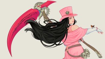 1other absurdres alternate_color alternate_eye_color androgynous bare_shoulders bird bird_on_hand black_hair blood blue_eyes elbow_gloves gloves guilty_gear guilty_gear_strive hat highres holding holding_scythe kyle_kiske long_hair looking_at_another other_focus pink_hat red_lips scythe skull sparrow testament_(guilty_gear) top_hat white_gloves