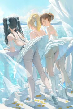 3girls absurdres asha_(bangsom) ass athletic_leotard backless_leotard ballerina ballet_slippers bangsom black_hair blonde_hair bow brown_hair brown_shrug bug butterfly cloud curtains day dress from_behind hair_bow hair_bun hand_on_another's_shoulder highres insect leaning_forward leg_warmers leotard leotard_peek long_hair looking_at_viewer looking_back maya_(bangsom) mountainous_horizon multiple_girls nora_(bangsom) ocean original pantyhose petals ponytail shrug_(clothing) sidelocks single_hair_bun sky standing thigh_strap tutu twintails upskirt white_bow white_dress white_leotard white_pantyhose wispy_bangs