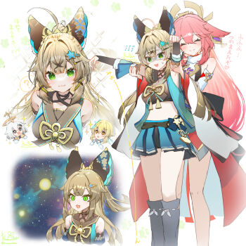 +_+ 4girls ? ahoge animal_ears armpits arms_up artist_name back_bow bare_shoulders bell belt black_belt black_bow black_choker black_shorts black_tank_top blonde_hair blue_flower blue_skirt blue_vest blush bow breasts brown_bow brown_choker brown_tank_top cat_girl choker closed_mouth cloud cloudy_sky crystal_hair_ornament detached_sleeves diamond-shaped_pupils diamond_(shape) dress earrings feather_hair_ornament feathers floral_print flower flying_sweatdrops fox_ears fox_girl gem genshin_impact gold_trim green_eyes grey_eyes grey_hair grey_socks hair_bow hair_flower hair_ornament hairpin halo hands_on_own_face hands_up heart highres japanese_clothes jewelry kiramarukou kirara_(genshin_impact) light_brown_hair long_hair long_sleeves longcat_(meme) looking_at_another looking_at_viewer looking_down looking_to_the_side looking_up lumine_(genshin_impact) medium_breasts meme multiple_girls nontraditional_miko open_clothes open_mouth open_vest orange_eyes paimon_(genshin_impact) pink_hair puffy_long_sleeves puffy_sleeves purple_gemstone red_skirt ribbon short_hair short_hair_with_long_locks short_shorts shorts sidelocks simple_background skirt sky smile socks space space_cat_(meme) speech_bubble standing star_(sky) star_(symbol) star_hair_ornament starry_sky sweat sweatdrop symbol-shaped_pupils tank_top tassel translation_request turtleneck v-shaped_eyebrows vest vision_(genshin_impact) white_background white_dress wide_sleeves x_hair_ornament yae_miko yellow_ribbon