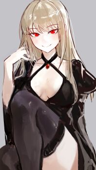 1girl black_dress black_thighhighs blonde_hair blush breasts brooch cleavage collarbone dress highres jewelry large_breasts long_hair long_sleeves looking_at_viewer original red_eyes sitting smile solo thighhighs thighs yotsutsu428