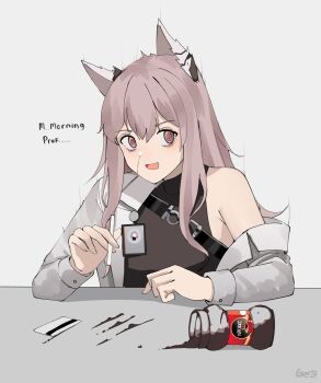 1girl :d @_@ absurdres animal_ears bags_under_eyes blood coffee credit_card drinking_straw english_text gar32 girls&#039;_frontline girls&#039;_frontline_neural_cloud grey_background hair_between_eyes highres holding_straw id_card lab_coat long_hair nescafe nosebleed off_shoulder open_mouth persicaria_(neural_cloud) pink_eyes pink_hair signature simple_background single_bare_shoulder smile snorting solo sweater_vest upper_body