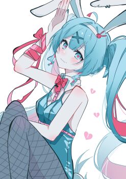 1girl ahoge animal_ears aqua_eyes aqua_hair aqua_leotard aqua_nails aqua_ribbon bow bowtie broken_heart card center-flap_bangs colored_inner_hair commentary detached_collar fingernails fishnet_pantyhose fishnets grey_pantyhose hair_ornament hair_ribbon hairband hand_up hatsune_miku heart highres leotard long_hair looking_at_viewer multicolored_hair nail_polish pantyhose pink_bow pink_bowtie pink_hair pink_pupils pink_ribbon playboy_bunny playing_card rabbit_ears rabbit_hole_(vocaloid) ria_art ribbon smile twintails very_long_hair vocaloid white_background white_hairband wrist_ribbon x_hair_ornament