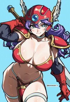 1girl absurdres armor bikini_armor black_sleeves blue_background blue_eyes blue_gemstone breasts bright_pupils choker cleavage collarbone cowboy_shot curly_hair detached_sleeves dragon_quest dragon_quest_iii film_grain gem gloves hand_on_hilt helmet highres komatsuki_n large_breasts long_hair looking_to_the_side midriff navel pauldrons purple_hair red_armor red_gloves red_helmet shoulder_armor silver_choker silver_thighlet smile solo sword sword_on_back thighlet twitter_username warrior warrior_(dq3) weapon weapon_on_back white_pupils winged_helmet