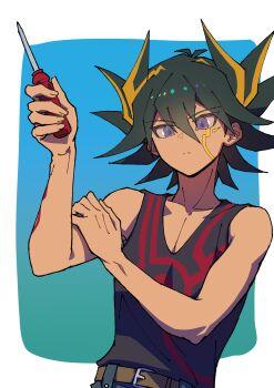 Rule 34 | 1boy, absurdres, bare shoulders, black hair, black shirt, blonde hair, blue background, cowboy shot, facial mark, fudo yusei, highres, holding, holding screwdriver, male focus, multicolored hair, purple eyes, screwdriver, shirt, simple background, solo, spiked hair, two-tone hair, youko-shima, yu-gi-oh!, yu-gi-oh! 5d's