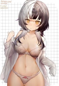 black_hair bra breasts closed_mouth cowboy_shot dress_shirt grey_hair highres hololive hololive_english large_breasts long_hair long_sleeves looking_to_the_side multicolored_hair navel off_shoulder open_clothes open_shirt panties patreon_username shiori_novella shirt sleeves_past_fingers sleeves_past_wrists small_sweatdrop split-color_hair standing szuukie twitter_username two-tone_hair underwear virtual_youtuber watermark web_address white_bra white_panties white_shirt yellow_eyes