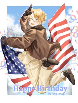 1boy ahoge america_(hetalia) american_flag axis_powers_hetalia belt black_belt black_gloves black_shoes blonde_hair blue_eyes blue_sky blush border brown_jacket cloud cloudy_sky confetti dated day english_text flag from_side full_body fur-trimmed_jacket fur_trim glasses gloves grey-framed_eyewear hair_between_eyes hands_up happy_birthday harutoro_39487 hashtag-only_commentary highres holding holding_flag jacket jumping legs_up long_sleeves looking_at_viewer male_focus military military_jacket military_uniform one_eye_closed open_clothes open_jacket open_mouth outdoors outside_border pants pocket puffy_long_sleeves puffy_sleeves semi-rimless_eyewear shoes short_hair sky smile solo star_(symbol) star_print teeth white_border yellow_jacket yellow_pants
