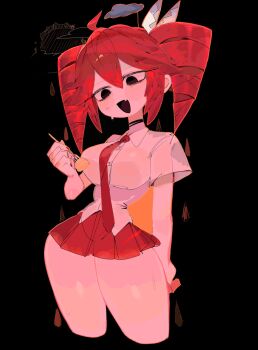 1girl :d ahoge alternate_breast_size_(larger) black_choker black_eyes breasts choker commentary_request cropped_legs curvy double-parted_bangs drill_hair fang fork hair_between_eyes highres holding holding_fork kasane_teto large_breasts looking_down medium_hair miniskirt narrow_waist necktie open_mouth red_hair red_necktie red_skirt shirt short_sleeves skin_fang skirt smile solo sweat thick_thighs thighs twin_drills usa37107692 utau white_shirt