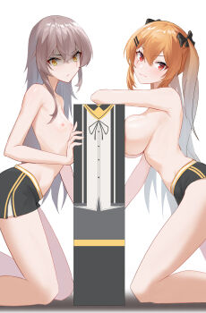 Rule 34 | 2girls, black shorts, blush, breast press, breasts, brown hair, female focus, flat chest, frown, girls' frontline, grey hair, highres, large breasts, long hair, looking at viewer, lord-erica, multiple girls, nipples, red eyes, scar, scar across eye, scar on face, shaded face, short shorts, shorts, siblings, simple background, sisters, size difference, smile, topless female, twintails, ump45 (girls' frontline), ump9 (girls' frontline), white background, yellow eyes