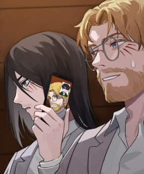 2boys anachronism blonde_hair blue_eyes brown_hair cellphone commentary_request eren_yeager facial_hair glasses goatee green_eyes grey_jacket highres holding holding_phone jacket levi_(shingeki_no_kyojin) male_focus man_looks_at_himself_on_someone&#039;s_phone_(meme) meme multiple_boys phone shingeki_no_kyojin smartphone sweatdrop toubun_teikou video_call zeke_yeager