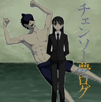 1boy 1girl abs beam_(chainsaw_man) black_eyes black_hair black_necktie black_pants censored censored_identity chainsaw_man collared_shirt commentary_request fanfiction_available highres i_need_you male_swimwear navel necktie oc_x_canon open_mouth original pants pixelated_background sharp_teeth shirt smile swim_trunks teeth translation_request