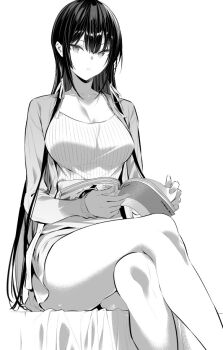1girl black_hair book breasts cardigan crossed_legs greyscale hiiragi_yuuichi holding holding_book large_breasts long_hair looking_at_viewer monochrome original parted_lips reading simple_background sitting solo takamine_takane thighs very_long_hair white_background