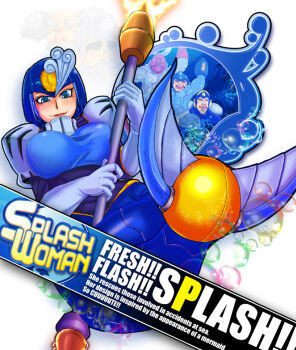 1girl 6+boys arm_cannon arms_up bad_id bad_pixiv_id bald beard blue_bodysuit blue_eyes blue_helmet blush bodysuit bubble bulge capcom character_name cut_man dr._light_(mega_man) dr._wily_(mega_man) english_text engrish_text facial_hair feather_hair_ornament fins flash_man gloves grey_bodysuit grey_hair hair_ornament happy helmet holding holding_staff humanoid_robot juliet_sleeves long_sleeves looking_at_viewer mega_man_(character) mega_man_(classic) mega_man_(series) mega_man_1 mega_man_2 mega_man_9 mermaid monster_girl multiple_boys muscular muscular_male mustache old old_man open_mouth puffy_sleeves ranguage robot robot_girl scales scissors scorccio smile splash_woman staff taut_clothes thick_eyebrows underwear weapon white_gloves
