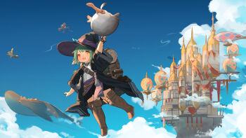 1girl aircraft backpack bag bedroll black_coat black_mage_(final_fantasy) black_skirt blue_sky boots brown_boots castle cloud coat commentary_request dated day dirigible dodo_(ff14) fantasy final_fantasy final_fantasy_xiv flying_whale green_hair highres koebushi_(mat) lalafell large_hat open_mouth orange_eyes outdoors pointy_ears skirt sky solo tassel thigh_boots tower warrior_of_light_(ff14) whale