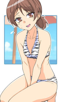 1girl animal_print bikini blush breasts brown_eyes brown_hair collarbone girls_und_panzer halterneck highres kawanishi_shinobu looking_at_viewer ocean open_mouth outdoors ponytail print_bikini renshiu short_hair sky small_breasts smile solo swimsuit zebra_print