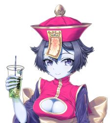 Rule 34 | 1girl, black hair, breasts, capcom, chinese clothes, cleavage, cleavage cutout, clothing cutout, colored skin, cup, disposable cup, dress, drinking straw, hat, highres, iron witch, jiangshi, large breasts, lei lei, logo, looking at viewer, morrigan aensland, non-web source, pale blue eyes, pink dress, qingdai guanmao, short hair, smile, solo, talisman, undead, upper body, vampire (game), white background
