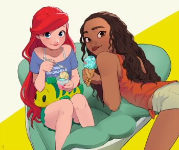 2girls ariel_(disney) armchair bare_arms bare_legs bare_shoulders bent_over blouse blue_eyes brown_eyes brown_hair casual chair character_doll closed_mouth clothes_writing collarbone commentary_request contemporary crossover cup curly_hair dark-skinned_female dark_skin disney disney_princess doll eyelashes fingernails flounder_(the_little_mermaid) food fork green_shorts grey_shorts holding holding_cup holding_food holding_fork ice_cream ice_cream_cone knees_together_feet_apart light_blush lips long_hair looking_at_viewer looking_back moana_(movie) moana_waialiki multiple_girls off_shoulder on_chair orange_tank_top pano_(mohayayamai) purple_shirt red_hair red_lips red_nails shirt shorts side-tie_shirt simple_background sitting sitting_sideways smile smirk spaghetti_strap stuffed_animal stuffed_fish stuffed_toy swept_bangs tank_top the_little_mermaid_(disney) thick_eyebrows tongue tongue_out two-tone_background very_long_hair wavy_hair wreck-it_ralph yellow_background yellow_nails