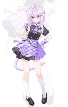 1girl absurdres animal_ears apron black_dress cat_ears cat_girl cat_tail character_name commentary dress full_body highres hololive maid maid_headdress nekomata_okayu nogoma_(nogoma22) purple_eyes purple_hair purple_tail solo_focus tail untranslatable_commentary virtual_youtuber white_background zoom_layer
