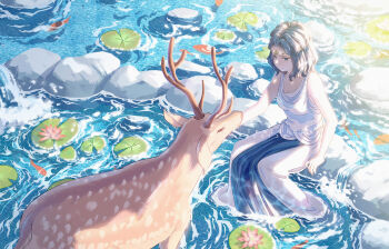 1girl absurdres aqua_eyes artemis_(olympus_guardian) artist_name circlet closed_mouth collarbone commentary_request dated deer dress fish flower greco-roman_clothes grey_hair highres horns looking_at_animal lotus olympus_guardian outstretched_arm rock short_hair sitting sleeveless sleeveless_dress solo teardrops_(user_vgvd7733) water white_dress