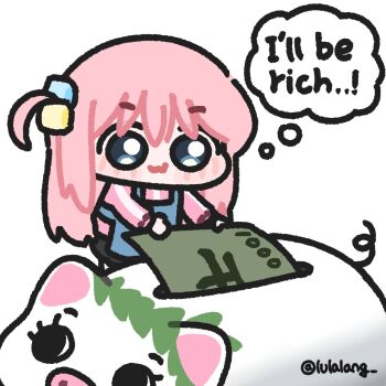 1girl apron banknote bocchi_the_rock! chibi english_text gotoh_hitori highres lulalang mini_person minigirl money piggy_bank speech_bubble thought_bubble