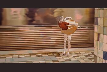 1girl absurdres bandaged_arm bandaged_head bandaged_leg bandages bandaid bandaid_on_cheek bandaid_on_face bandaid_on_leg barefoot blush brown_hair chinese_commentary clothes_lift commentary_request flashing floating_hair gauze gauze_over_eye highres jewelry leaning_forward letterboxed long_hair looking_back mooning motion_blur one_eye_covered orange_skirt original pendant red_sweater ryuuforkaf skirt skirt_lift sleeves_rolled_up smile solo standing sweater tile_floor tile_wall tiles train_station_platform wide_shot