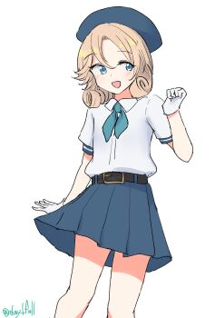 Rule 34 | 1girl, belt, black belt, blonde hair, blue eyes, blue hat, blue neckerchief, blue skirt, collared shirt, commentary request, dress shirt, feet out of frame, gloves, hat, highres, janus (kancolle), janus (lawson) (kancolle), kantai collection, neckerchief, official alternate costume, one-hour drawing challenge, pleated skirt, robinson (day l full), shirt, short hair, skirt, solo, white gloves, white shirt