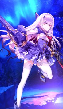1girl arm_at_side black_cape black_gloves blue_background blue_boots blue_dress boots breasts cape choco_(chocolate_shop) closed_mouth collared_shrug commentary_request dress fairy_sword_arondight fate/grand_order fate_(series) frilled_dress frills game_cg gloves halter_dress halterneck legs_apart long_hair long_sleeves melusine_(fate) melusine_(second_ascension)_(fate) official_art short_dress shrug_(clothing) side_cape sidelocks sleeve_cuffs small_breasts solo thigh_gap thighhighs third-party_source turtleneck turtleneck_dress underbust white_hair white_sleeves white_thighhighs yellow_eyes